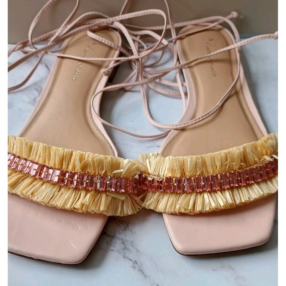 Anthropologie Embellished Tie Up Pink/Rose Raffia Square Toe Sandals Size 9